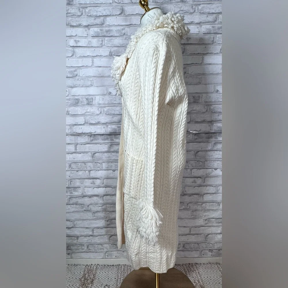 Vintage Nine West Cream Cable Knit Long Crochet Cardigan with Fringe Trim